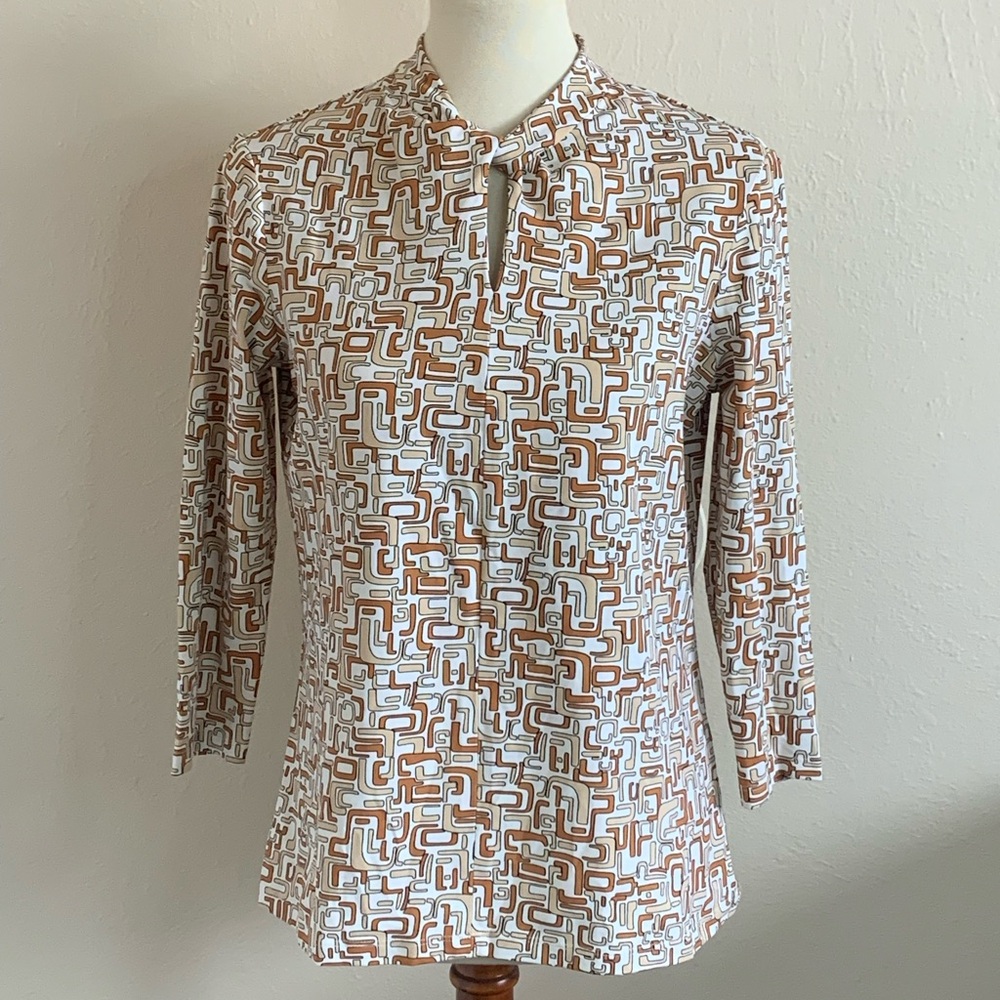 J McLaughlin Size S Keyhole Twist Neck Catalina Cloth Printed Brown Tan Cream